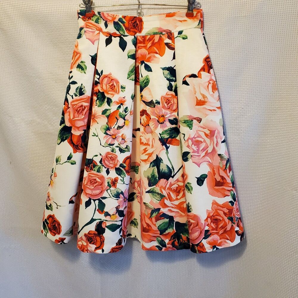 Eliza J Floral Midi Flounce Party Skirt Jacquard Roses Tulle Underlay Sz 4